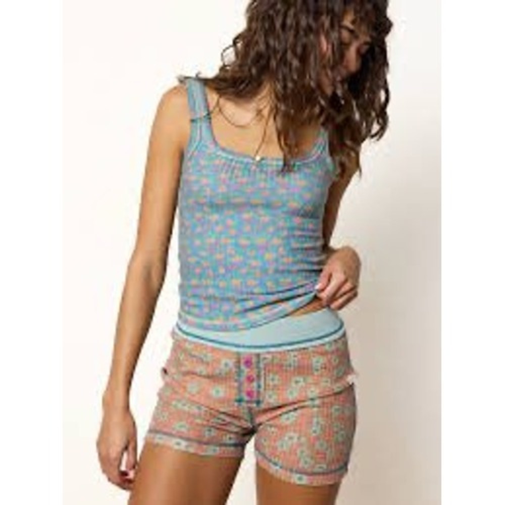 Natural Life Pajama Set Waffle Knit Floral Cami and Shorts Blue Orange NWT